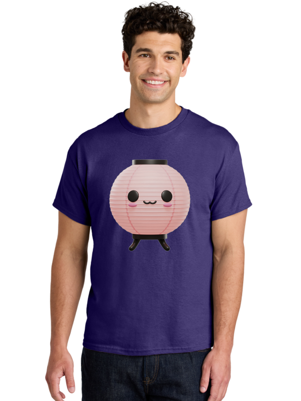 Pink-Paper-Lantern Men'S Graphic Tee, 100% Cotton, Comfortable Casual Summer Wear, Machine Washable, Pink Paper Lantern, Cute Character, Kawaii Culture, Cartoon Style, Smiling Face, Rosy Cheeks, Round Eyes, Black Stand, Kawaii Aesthetic, Bad436