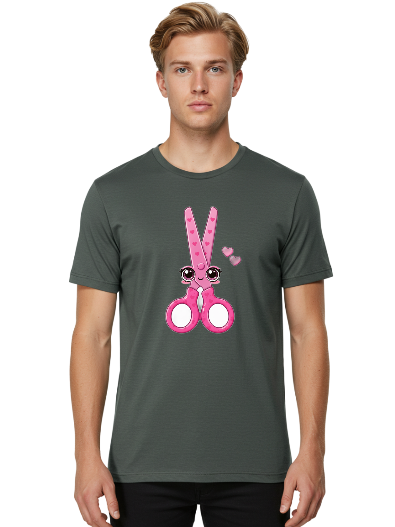 Pink-Scissors Men'S Graphic Tee, 100% Cotton, Comfortable Casual Summer Wear, Machine Washable, Pink Scissors With Hearts, Cute Cartoon Character, Playful Design, Fun Illustration, Office Supplies, Crafting Tools, Heart-Themed Decor, Bad437