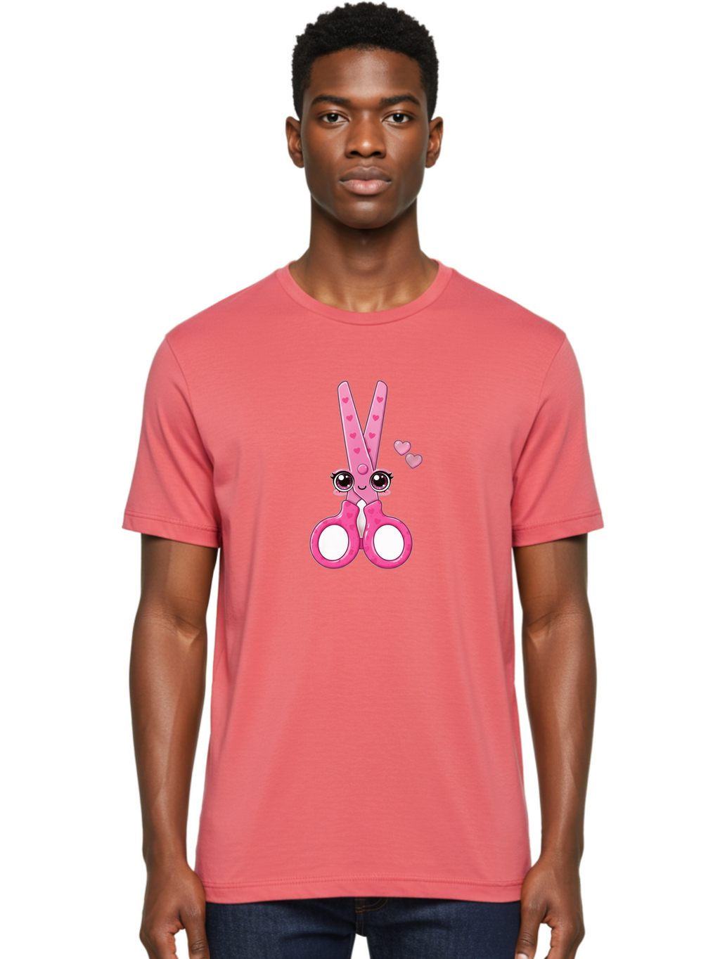 Pink-Scissors Men'S Graphic Tee, 100% Cotton, Comfortable Casual Summer Wear, Machine Washable, Pink Scissors With Hearts, Cute Cartoon Character, Playful Design, Fun Illustration, Office Supplies, Crafting Tools, Heart-Themed Decor, Bad437