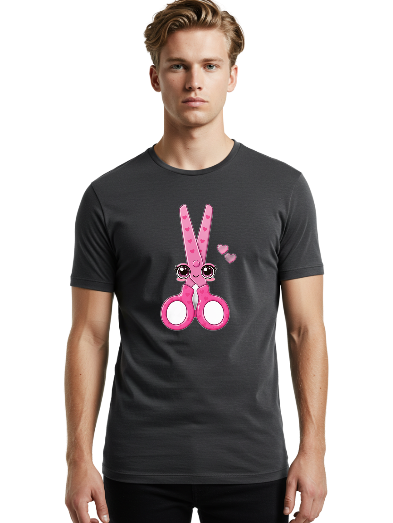 Pink-Scissors Men'S Graphic Tee, 100% Cotton, Comfortable Casual Summer Wear, Machine Washable, Pink Scissors With Hearts, Cute Cartoon Character, Playful Design, Fun Illustration, Office Supplies, Crafting Tools, Heart-Themed Decor, Bad437