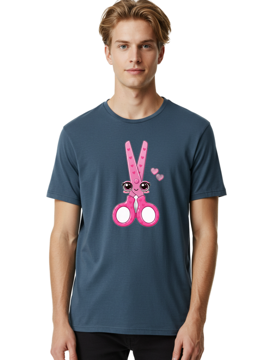 Pink-Scissors Men'S Graphic Tee, 100% Cotton, Comfortable Casual Summer Wear, Machine Washable, Pink Scissors With Hearts, Cute Cartoon Character, Playful Design, Fun Illustration, Office Supplies, Crafting Tools, Heart-Themed Decor, Bad437