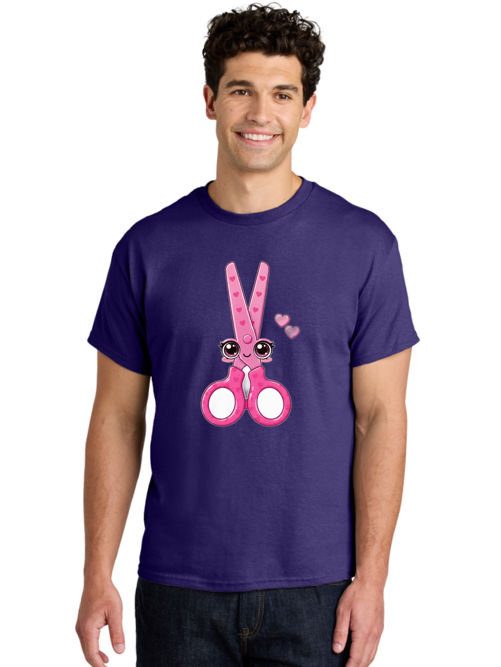 Pink-Scissors Men'S Graphic Tee, 100% Cotton, Comfortable Casual Summer Wear, Machine Washable, Pink Scissors With Hearts, Cute Cartoon Character, Playful Design, Fun Illustration, Office Supplies, Crafting Tools, Heart-Themed Decor, Bad437