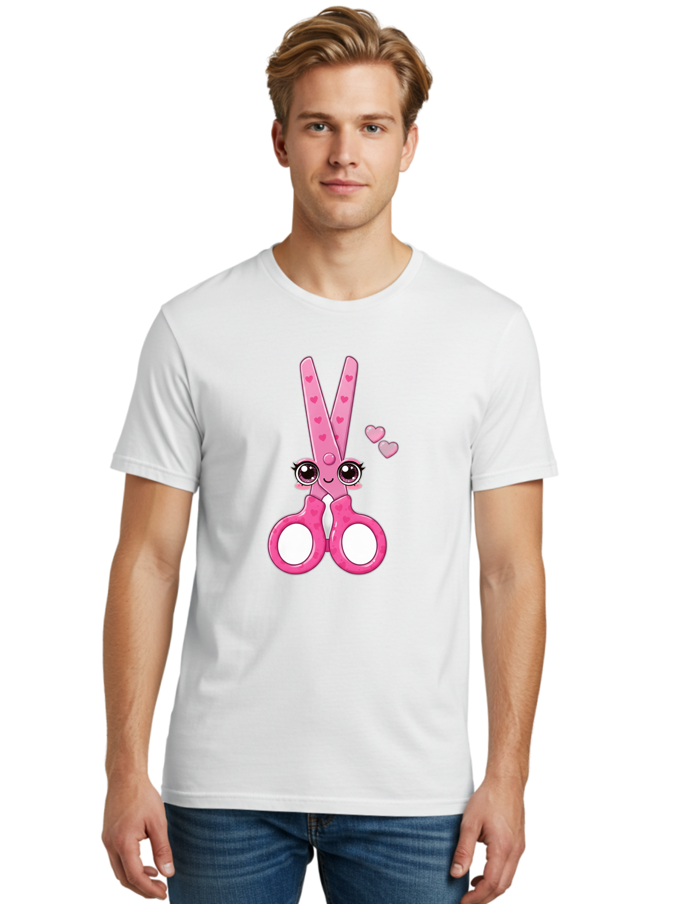 Pink-Scissors Men'S Graphic Tee, 100% Cotton, Comfortable Casual Summer Wear, Machine Washable, Pink Scissors With Hearts, Cute Cartoon Character, Playful Design, Fun Illustration, Office Supplies, Crafting Tools, Heart-Themed Decor, Bad437