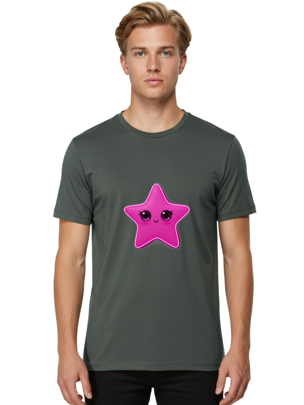Pink-Star Men'S Graphic Tee, 100% Cotton, Comfortable Casual Summer Wear, Machine Washable, Pink Star, Cute Face, Cartoon Character, Kawaii Design, Sparkly Eyes, Sweet Expression, Whimsical Illustration, Feminine Charm, Playful Graphics Bad438