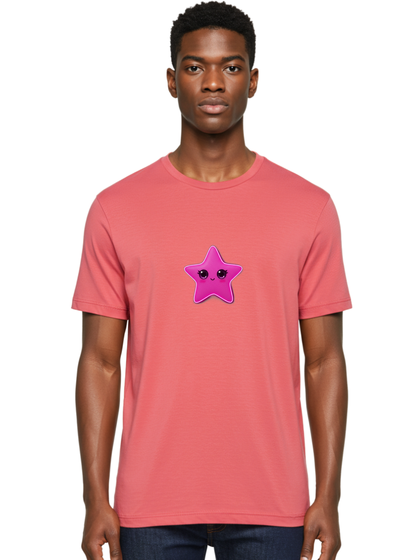 Pink-Star Men'S Graphic Tee, 100% Cotton, Comfortable Casual Summer Wear, Machine Washable, Pink Star, Cute Face, Cartoon Character, Kawaii Design, Sparkly Eyes, Sweet Expression, Whimsical Illustration, Feminine Charm, Playful Graphics Bad438