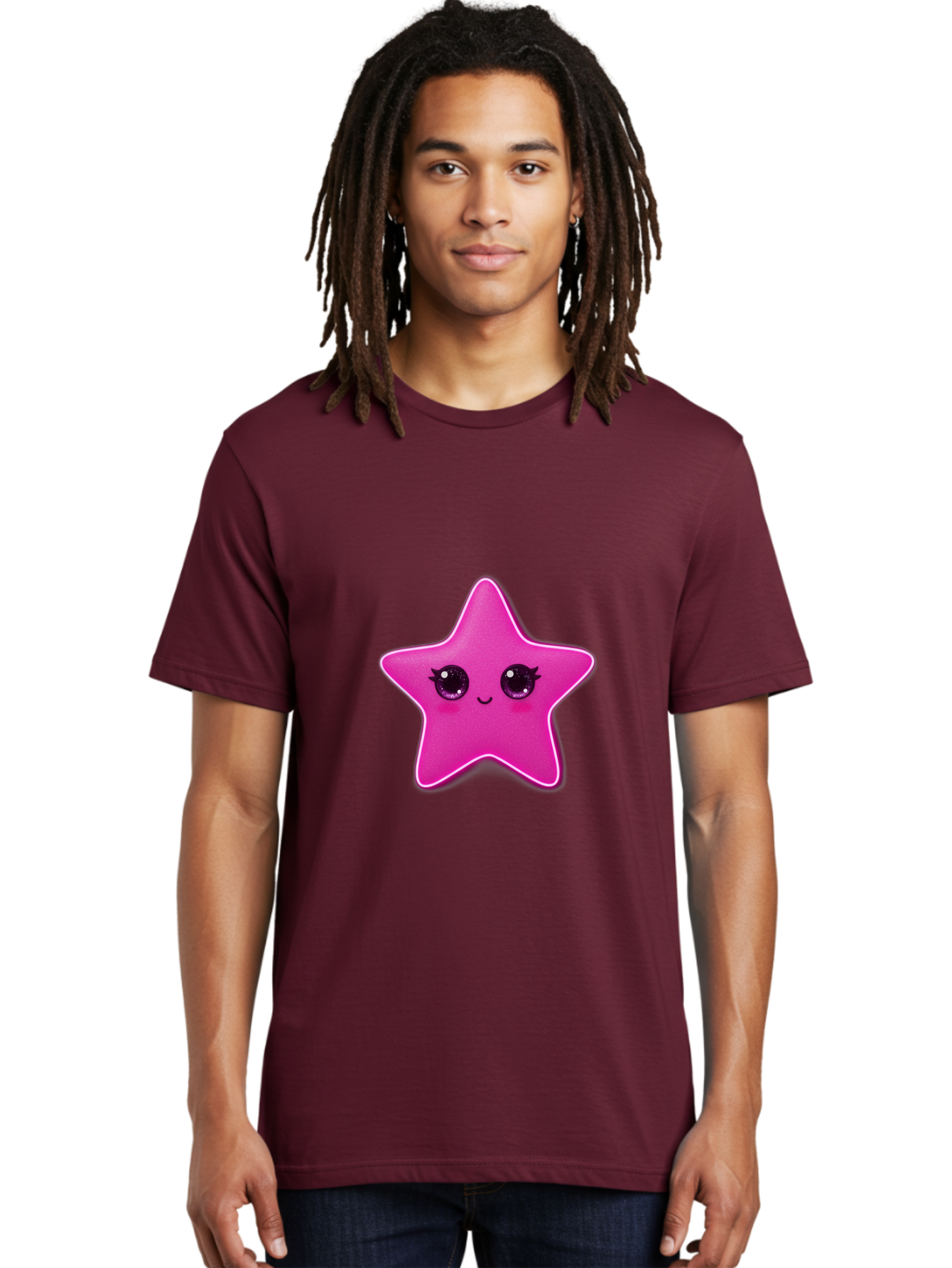 Pink-Star Men'S Graphic Tee, 100% Cotton, Comfortable Casual Summer Wear, Machine Washable, Pink Star, Cute Face, Cartoon Character, Kawaii Design, Sparkly Eyes, Sweet Expression, Whimsical Illustration, Feminine Charm, Playful Graphics Bad438