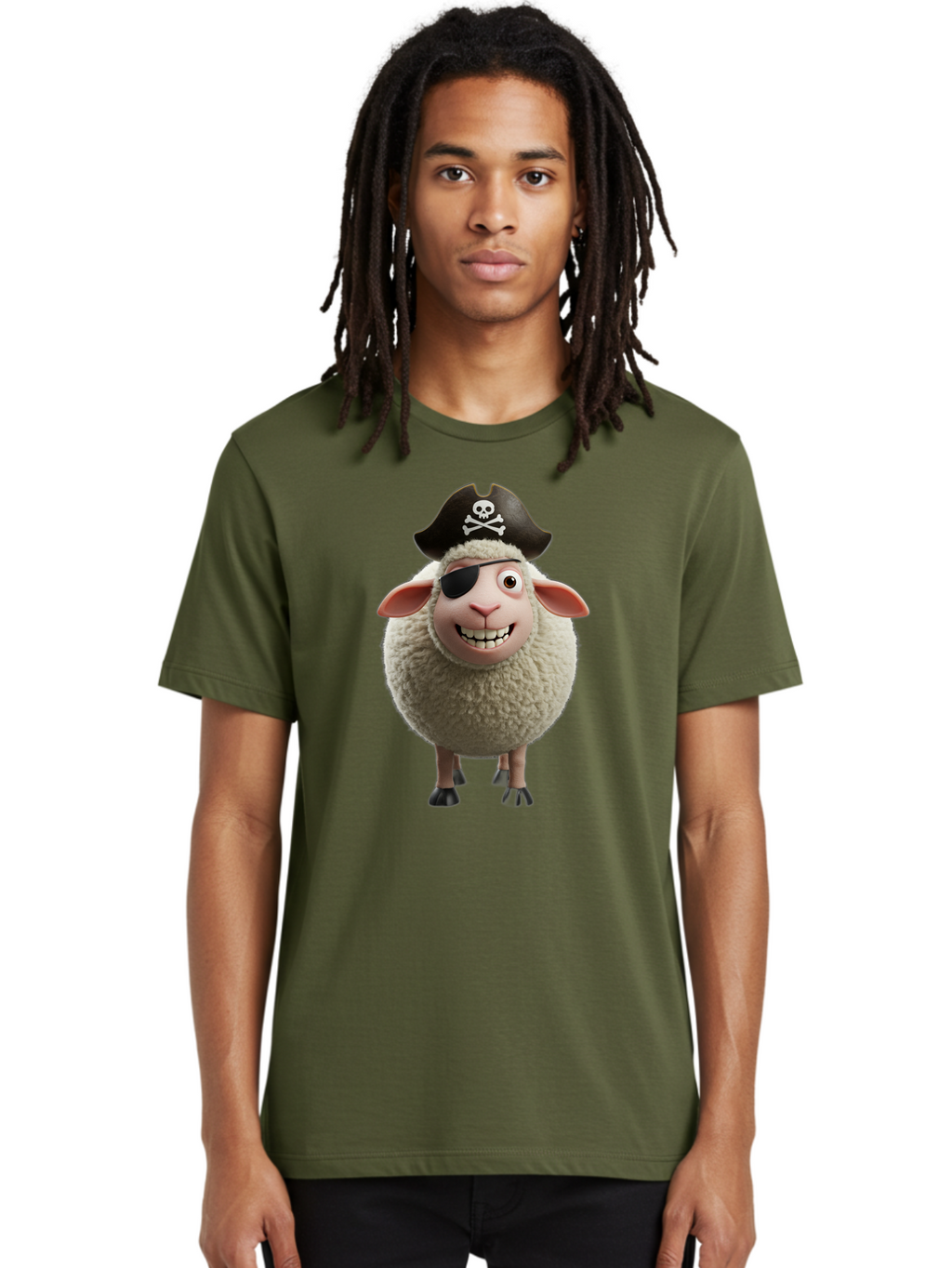 Pirate-Sheep Men'S Graphic Tee, 100% Cotton, Comfortable Casual Summer Wear, Machine Washable, Cartoon Sheep, Pirate Costume, Eye Patch, Skull And Crossbones Hat, Fluffy Sheep, Playful Character, Animated Animal, Pirate Sheep Character, Bad441