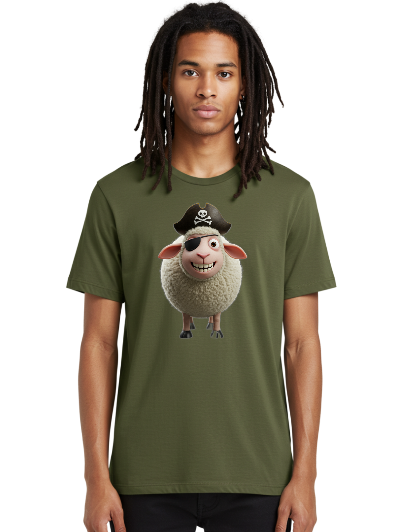 Pirate-Sheep Men'S Graphic Tee, 100% Cotton, Comfortable Casual Summer Wear, Machine Washable, Cartoon Sheep, Pirate Costume, Eye Patch, Skull And Crossbones Hat, Fluffy Sheep, Playful Character, Animated Animal, Pirate Sheep Character, Bad441