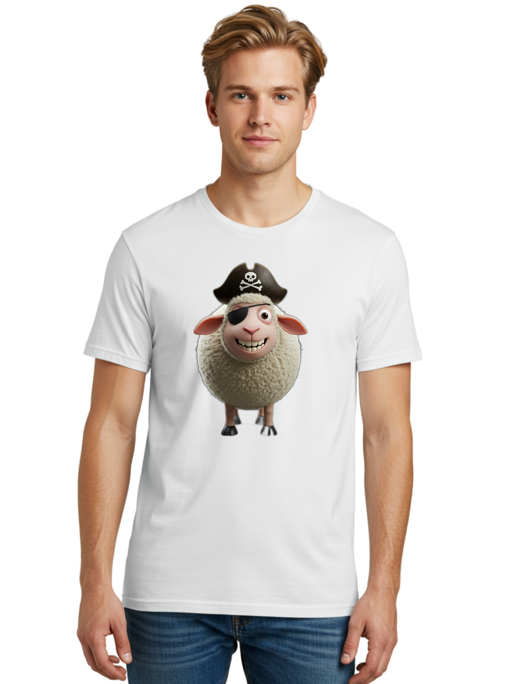 Pirate-Sheep Men'S Graphic Tee, 100% Cotton, Comfortable Casual Summer Wear, Machine Washable, Cartoon Sheep, Pirate Costume, Eye Patch, Skull And Crossbones Hat, Fluffy Sheep, Playful Character, Animated Animal, Pirate Sheep Character, Bad441