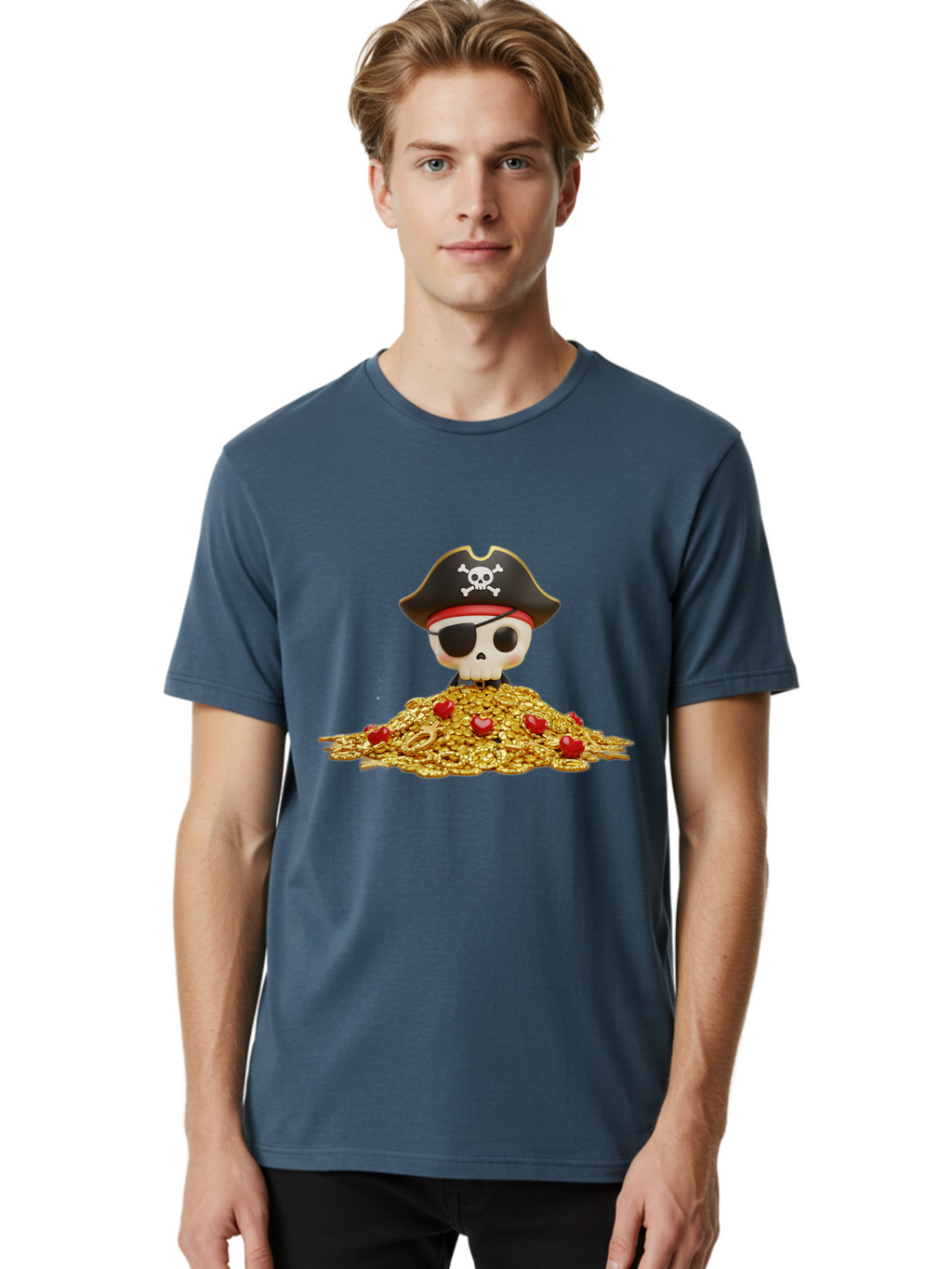 Pirate-Skull Men'S Graphic Tee, 100% Cotton, Comfortable Casual Summer Wear, Machine Washable, Pirate Skull, Treasure Pile, Gold Coins, Jewels, Eye Patch, Pirate Hat, Skull And Crossbones, Pirate Booty, Swashbuckling Adventure, Treasure Hunt, Bad442