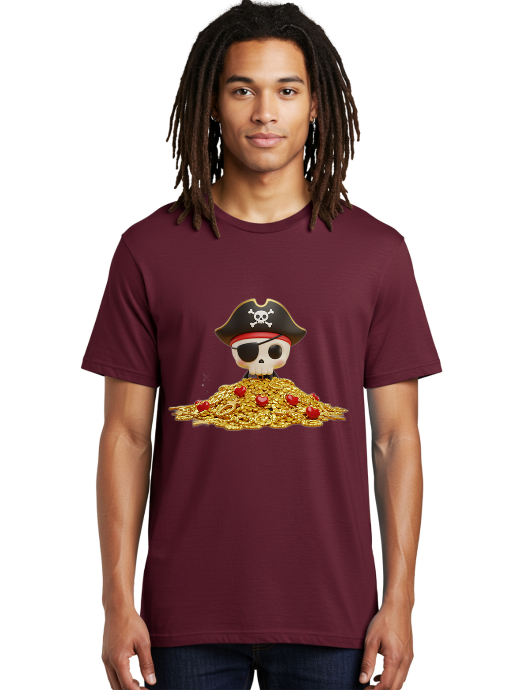 Pirate-Skull Men'S Graphic Tee, 100% Cotton, Comfortable Casual Summer Wear, Machine Washable, Pirate Skull, Treasure Pile, Gold Coins, Jewels, Eye Patch, Pirate Hat, Skull And Crossbones, Pirate Booty, Swashbuckling Adventure, Treasure Hunt, Bad442