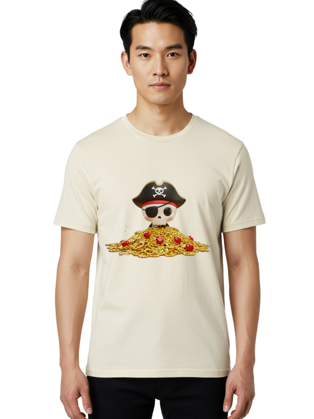 Pirate-Skull Men'S Graphic Tee, 100% Cotton, Comfortable Casual Summer Wear, Machine Washable, Pirate Skull, Treasure Pile, Gold Coins, Jewels, Eye Patch, Pirate Hat, Skull And Crossbones, Pirate Booty, Swashbuckling Adventure, Treasure Hunt, Bad442