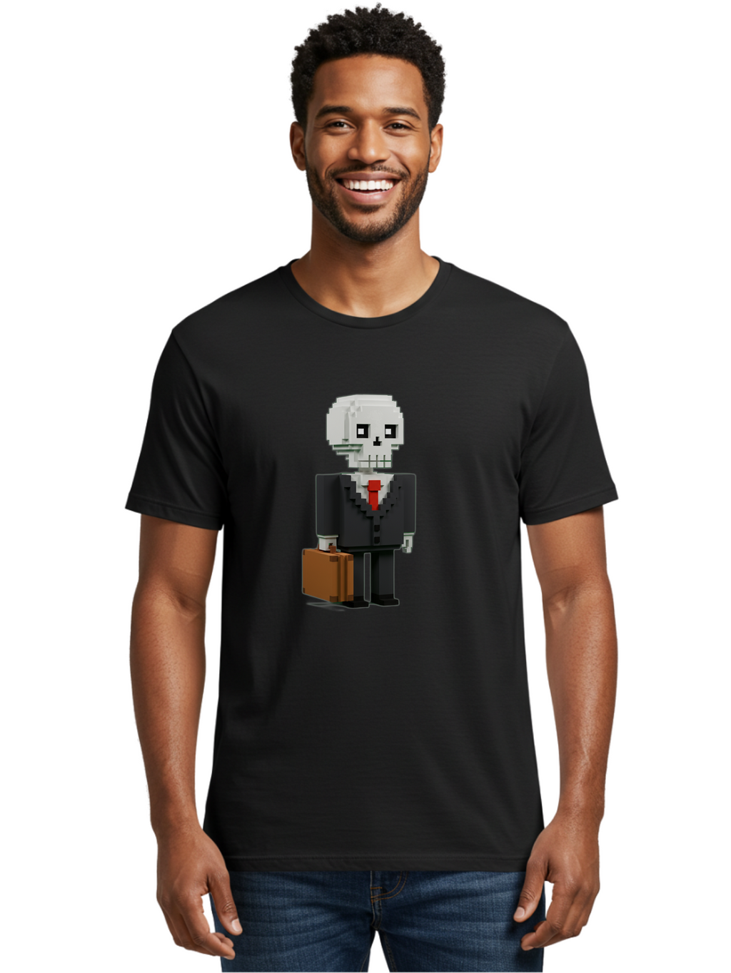 Pixel-Skull-Businessman Men'S Graphic Tee, 100% Cotton, Comfortable Casual Summer Wear, Machine Washable, Pixel Art Skeleton, Skull Character, Business Attire, Black Suit, Red Tie, Briefcase, Video Game Style, Cartoon Character, Bad443