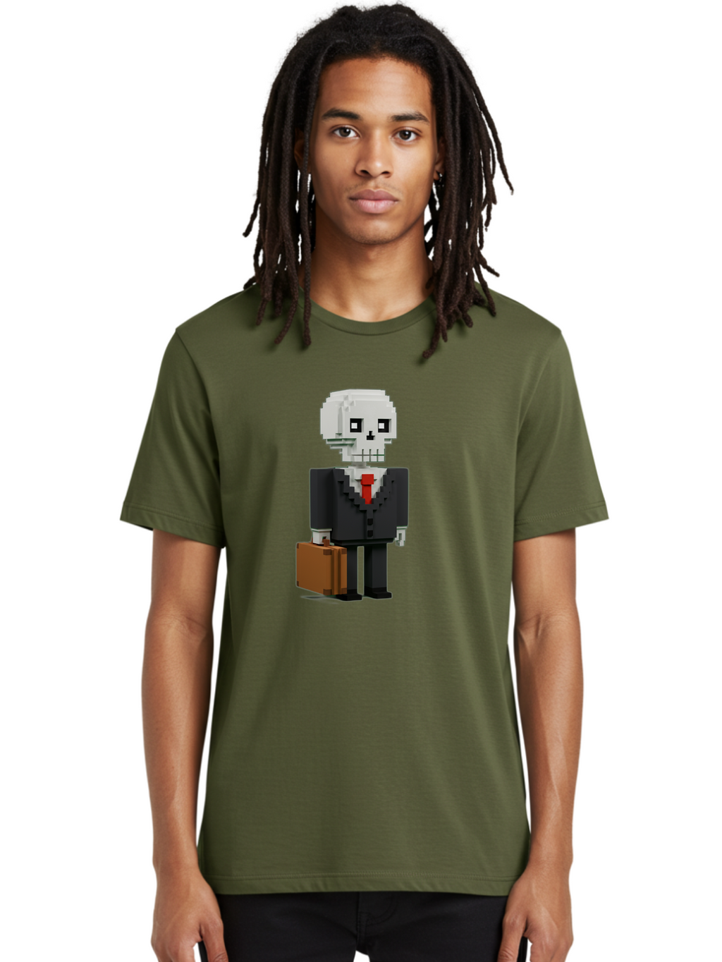 Pixel-Skull-Businessman Men'S Graphic Tee, 100% Cotton, Comfortable Casual Summer Wear, Machine Washable, Pixel Art Skeleton, Skull Character, Business Attire, Black Suit, Red Tie, Briefcase, Video Game Style, Cartoon Character, Bad443