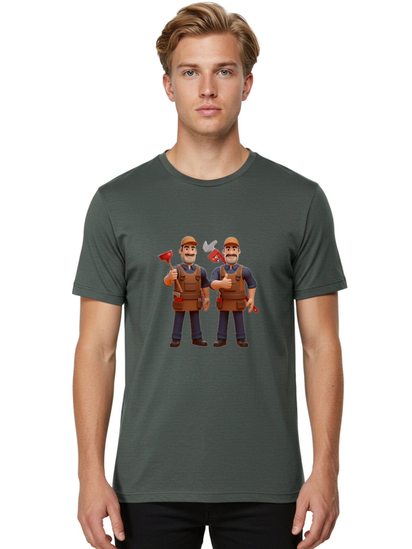Plumber-Characters Men'S Graphic Tee, 100% Cotton, Comfortable Casual Summer Wear, Machine Washable, Cartoon Plumbers, Plumbing Tools, Handyman Services, Pipe Wrench, Plunger, Thumbs Up, Plumbing Maintenance, Repair Work, Diy Plumbing Bad445