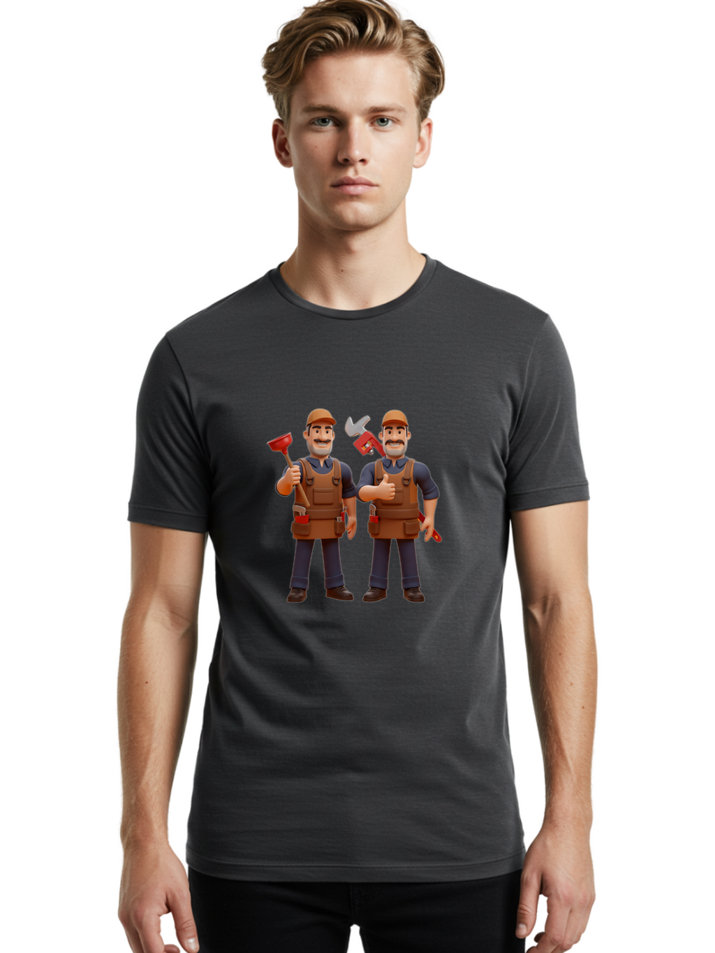Plumber-Characters Men'S Graphic Tee, 100% Cotton, Comfortable Casual Summer Wear, Machine Washable, Cartoon Plumbers, Plumbing Tools, Handyman Services, Pipe Wrench, Plunger, Thumbs Up, Plumbing Maintenance, Repair Work, Diy Plumbing Bad445