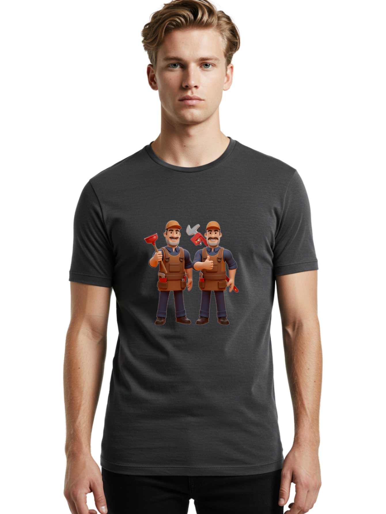 Plumber-Characters Men'S Graphic Tee, 100% Cotton, Comfortable Casual Summer Wear, Machine Washable, Cartoon Plumbers, Plumbing Tools, Handyman Services, Pipe Wrench, Plunger, Thumbs Up, Plumbing Maintenance, Repair Work, Diy Plumbing Bad445