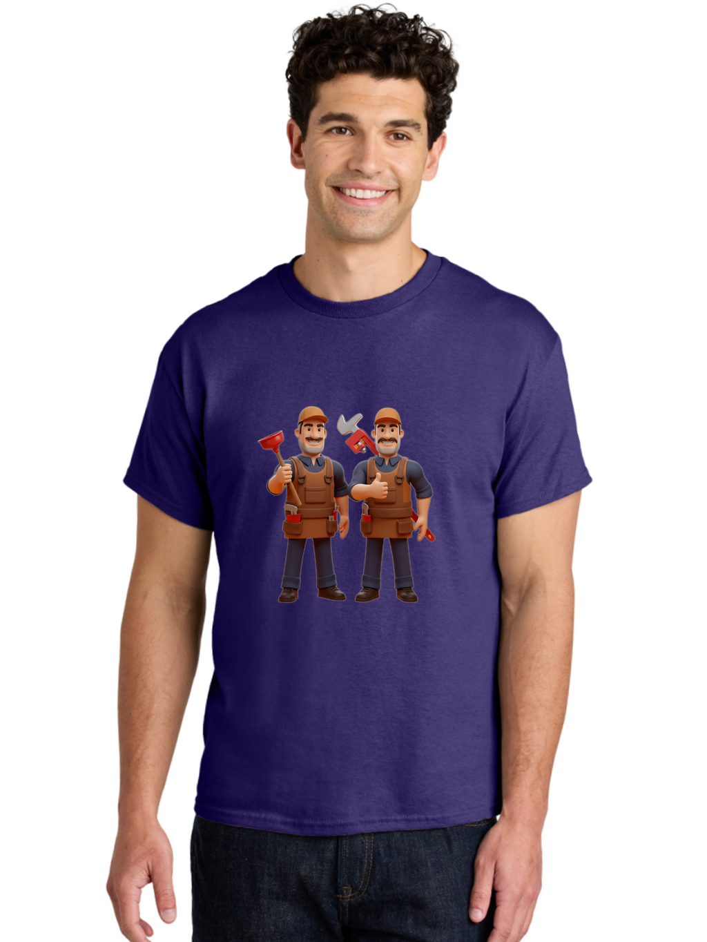 Plumber-Characters Men'S Graphic Tee, 100% Cotton, Comfortable Casual Summer Wear, Machine Washable, Cartoon Plumbers, Plumbing Tools, Handyman Services, Pipe Wrench, Plunger, Thumbs Up, Plumbing Maintenance, Repair Work, Diy Plumbing Bad445