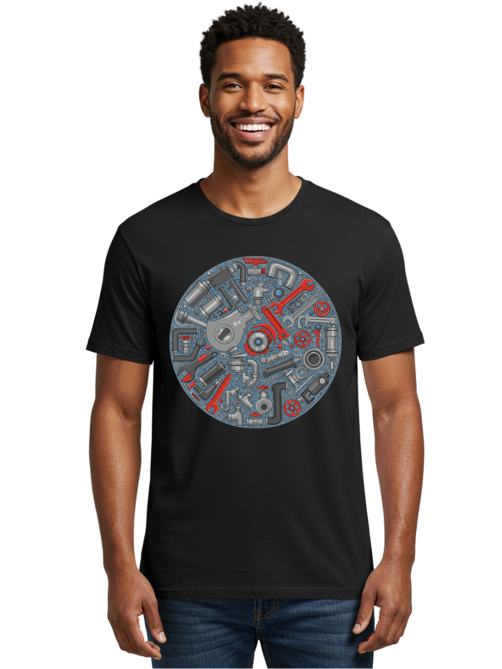 Plumbing-Tools Men'S Graphic Tee, 100% Cotton, Comfortable Casual Summer Wear, Machine Washable, Tools, Pipes, Plumbing, Machinery, Equipment, Wrenches, Spanners, Maintenance, Repair, Diy, Hardware, Industrial Bad446