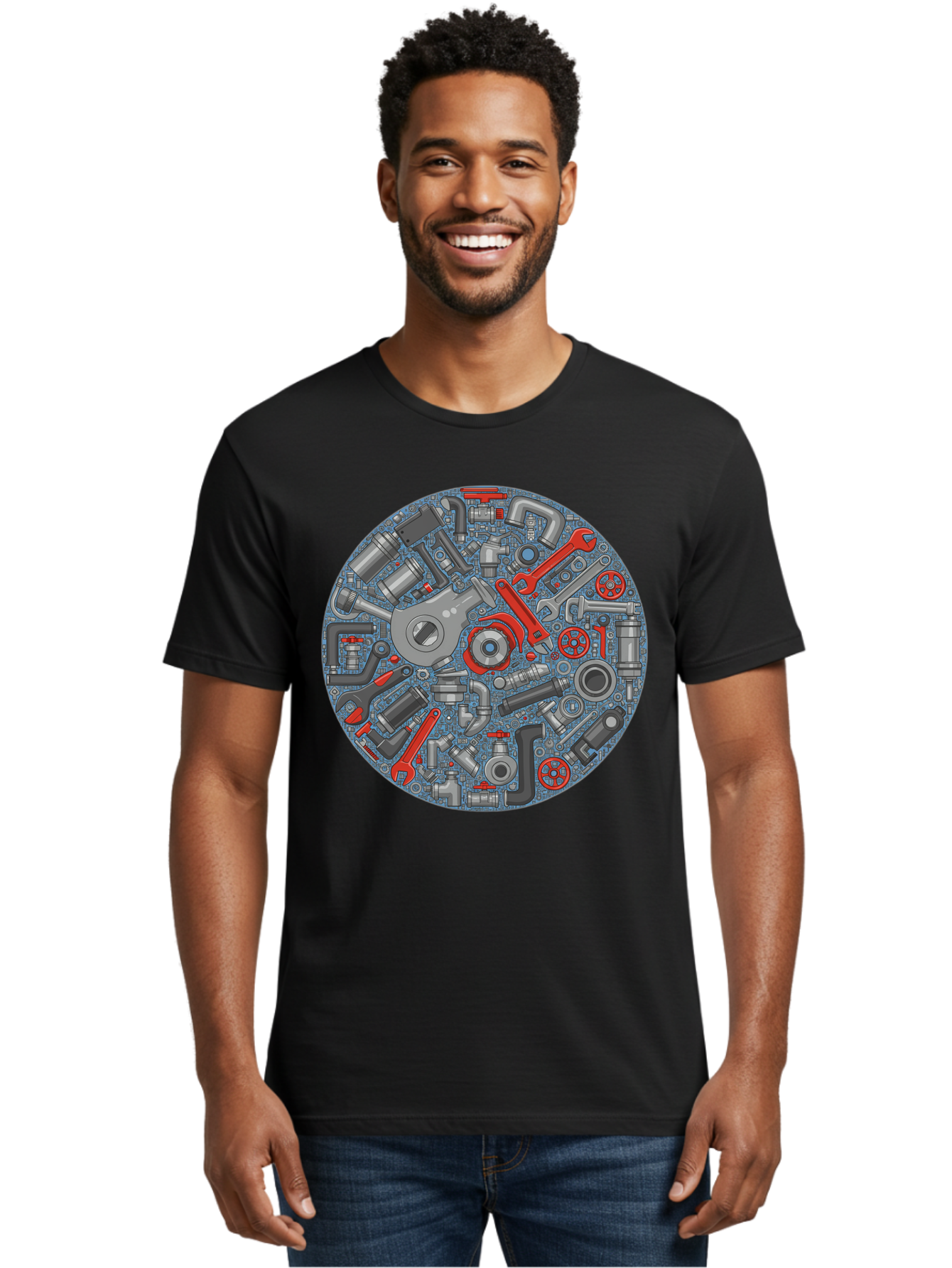 Plumbing-Tools Men'S Graphic Tee, 100% Cotton, Comfortable Casual Summer Wear, Machine Washable, Tools, Pipes, Plumbing, Machinery, Equipment, Wrenches, Spanners, Maintenance, Repair, Diy, Hardware, Industrial Bad446