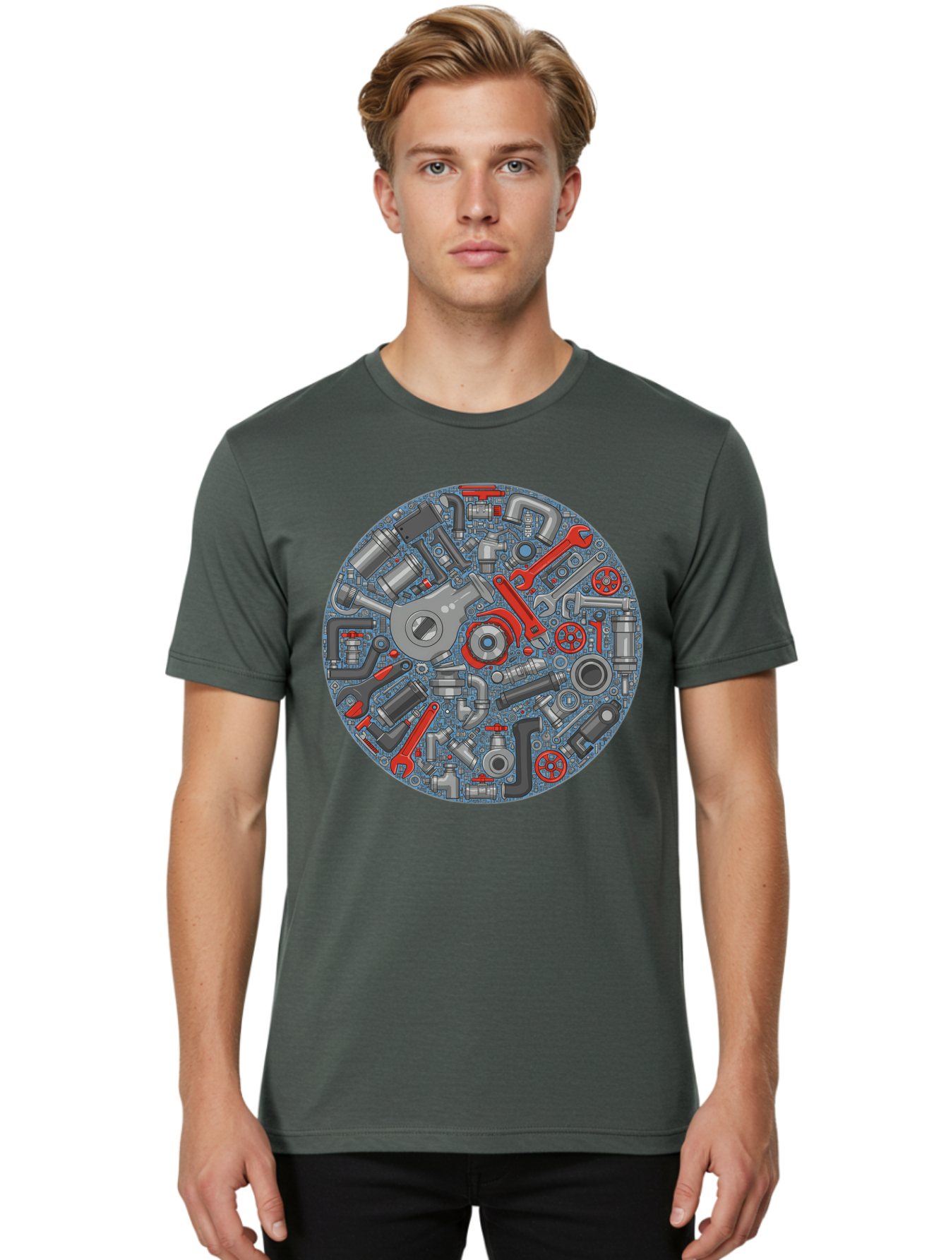 Plumbing-Tools Men'S Graphic Tee, 100% Cotton, Comfortable Casual Summer Wear, Machine Washable, Tools, Pipes, Plumbing, Machinery, Equipment, Wrenches, Spanners, Maintenance, Repair, Diy, Hardware, Industrial Bad446