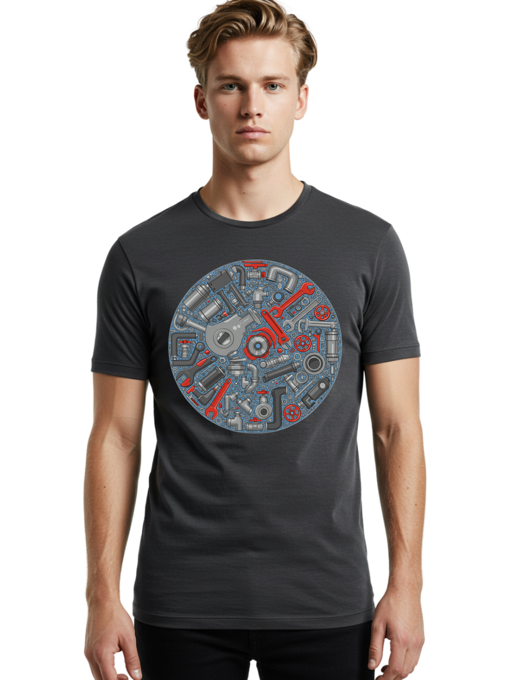 Plumbing-Tools Men'S Graphic Tee, 100% Cotton, Comfortable Casual Summer Wear, Machine Washable, Tools, Pipes, Plumbing, Machinery, Equipment, Wrenches, Spanners, Maintenance, Repair, Diy, Hardware, Industrial Bad446