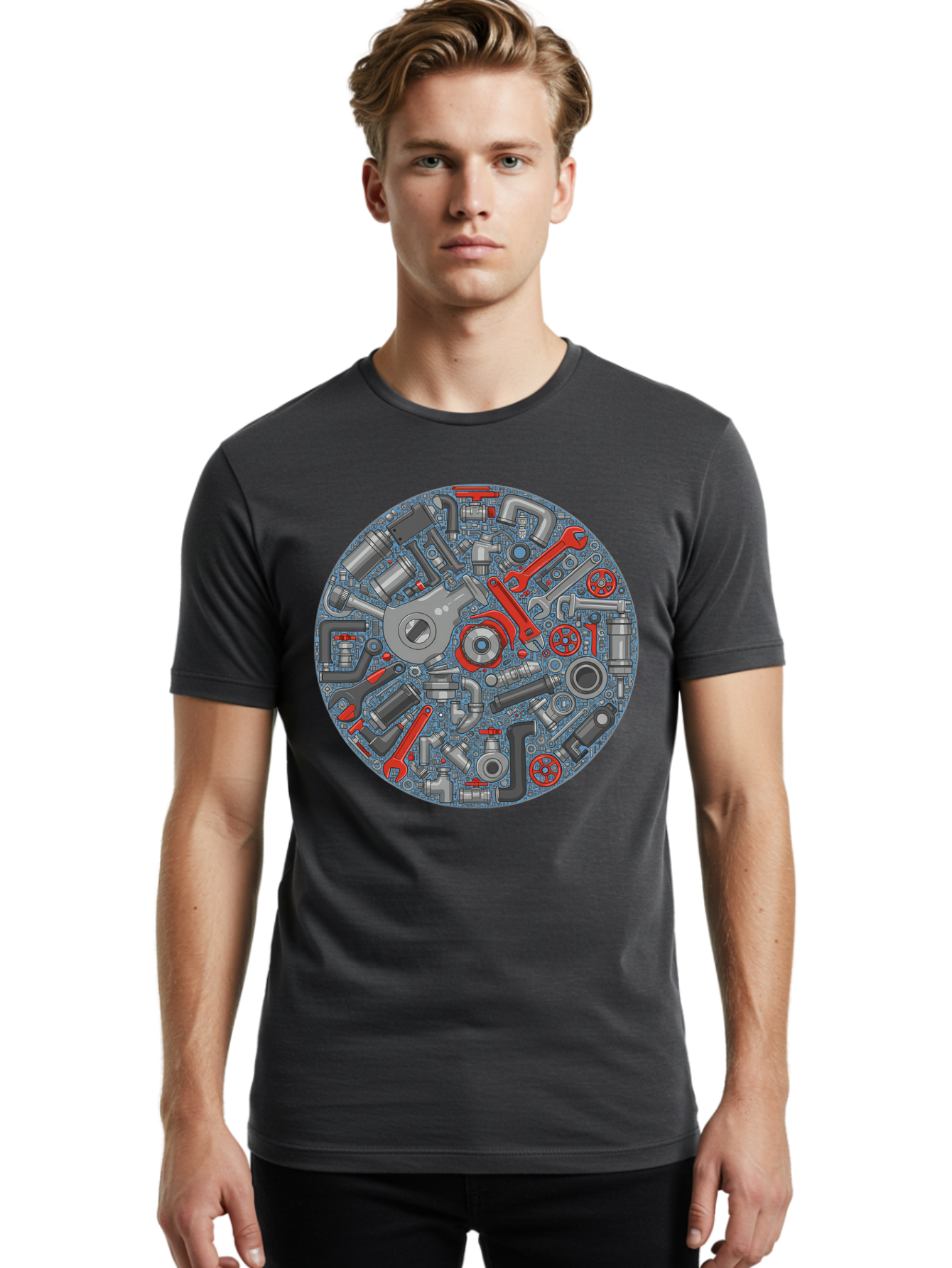 Plumbing-Tools Men'S Graphic Tee, 100% Cotton, Comfortable Casual Summer Wear, Machine Washable, Tools, Pipes, Plumbing, Machinery, Equipment, Wrenches, Spanners, Maintenance, Repair, Diy, Hardware, Industrial Bad446