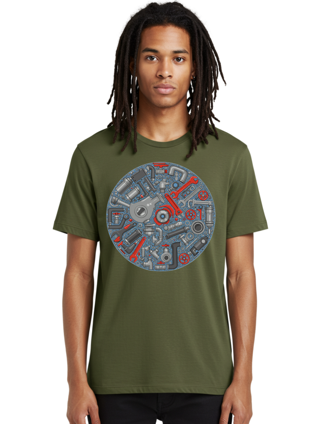 Plumbing-Tools Men'S Graphic Tee, 100% Cotton, Comfortable Casual Summer Wear, Machine Washable, Tools, Pipes, Plumbing, Machinery, Equipment, Wrenches, Spanners, Maintenance, Repair, Diy, Hardware, Industrial Bad446