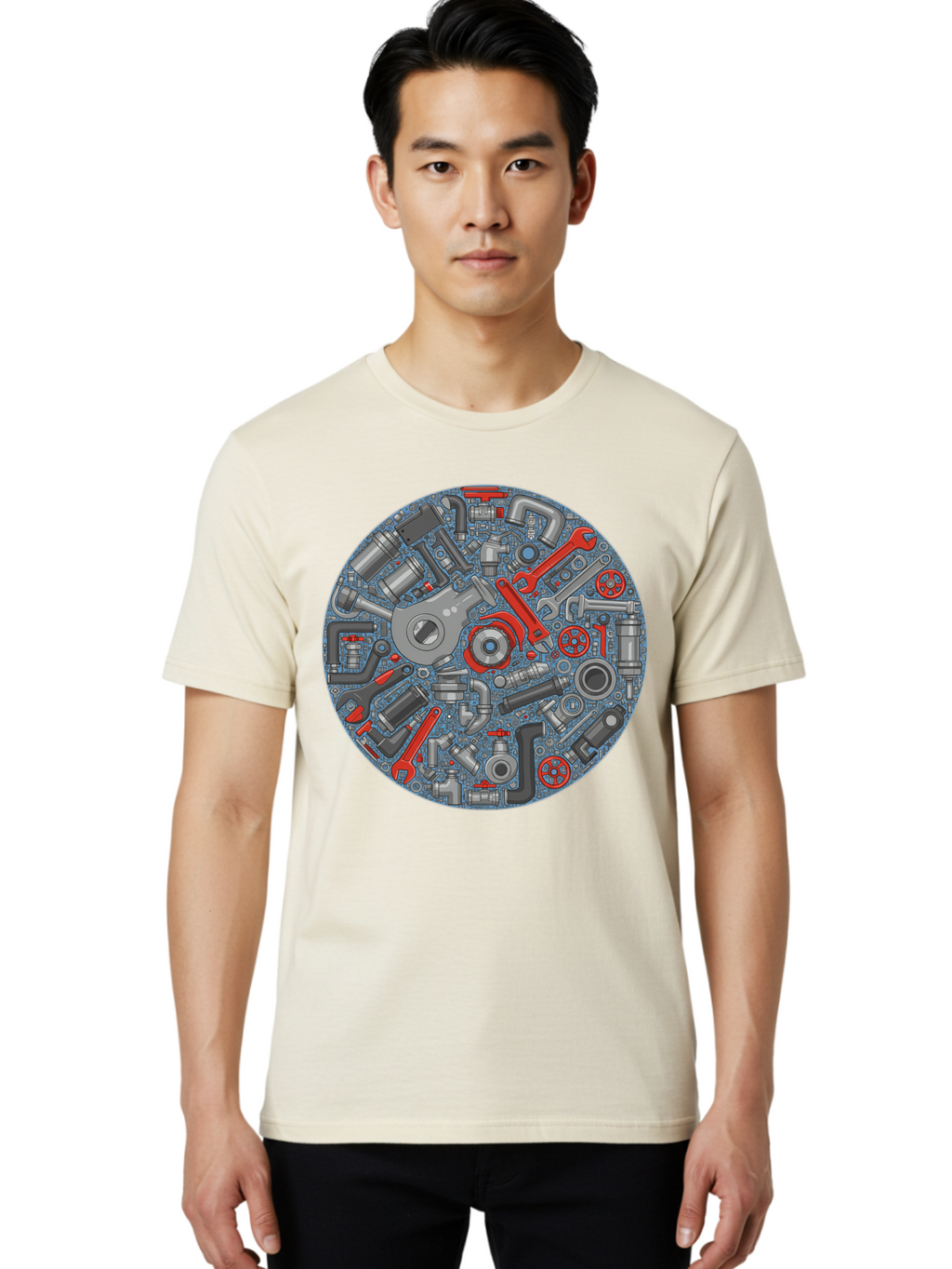 Plumbing-Tools Men'S Graphic Tee, 100% Cotton, Comfortable Casual Summer Wear, Machine Washable, Tools, Pipes, Plumbing, Machinery, Equipment, Wrenches, Spanners, Maintenance, Repair, Diy, Hardware, Industrial Bad446