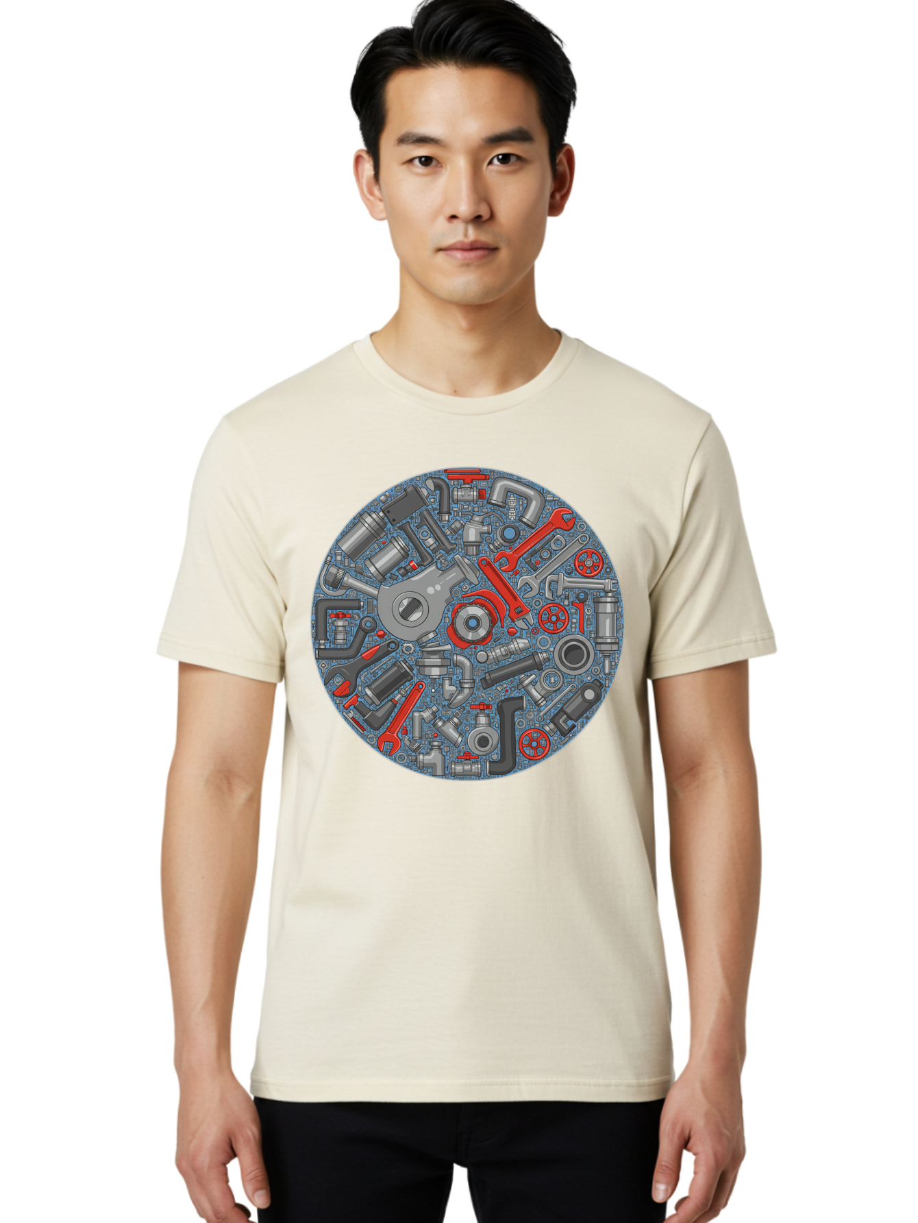 Plumbing-Tools Men'S Graphic Tee, 100% Cotton, Comfortable Casual Summer Wear, Machine Washable, Tools, Pipes, Plumbing, Machinery, Equipment, Wrenches, Spanners, Maintenance, Repair, Diy, Hardware, Industrial Bad446
