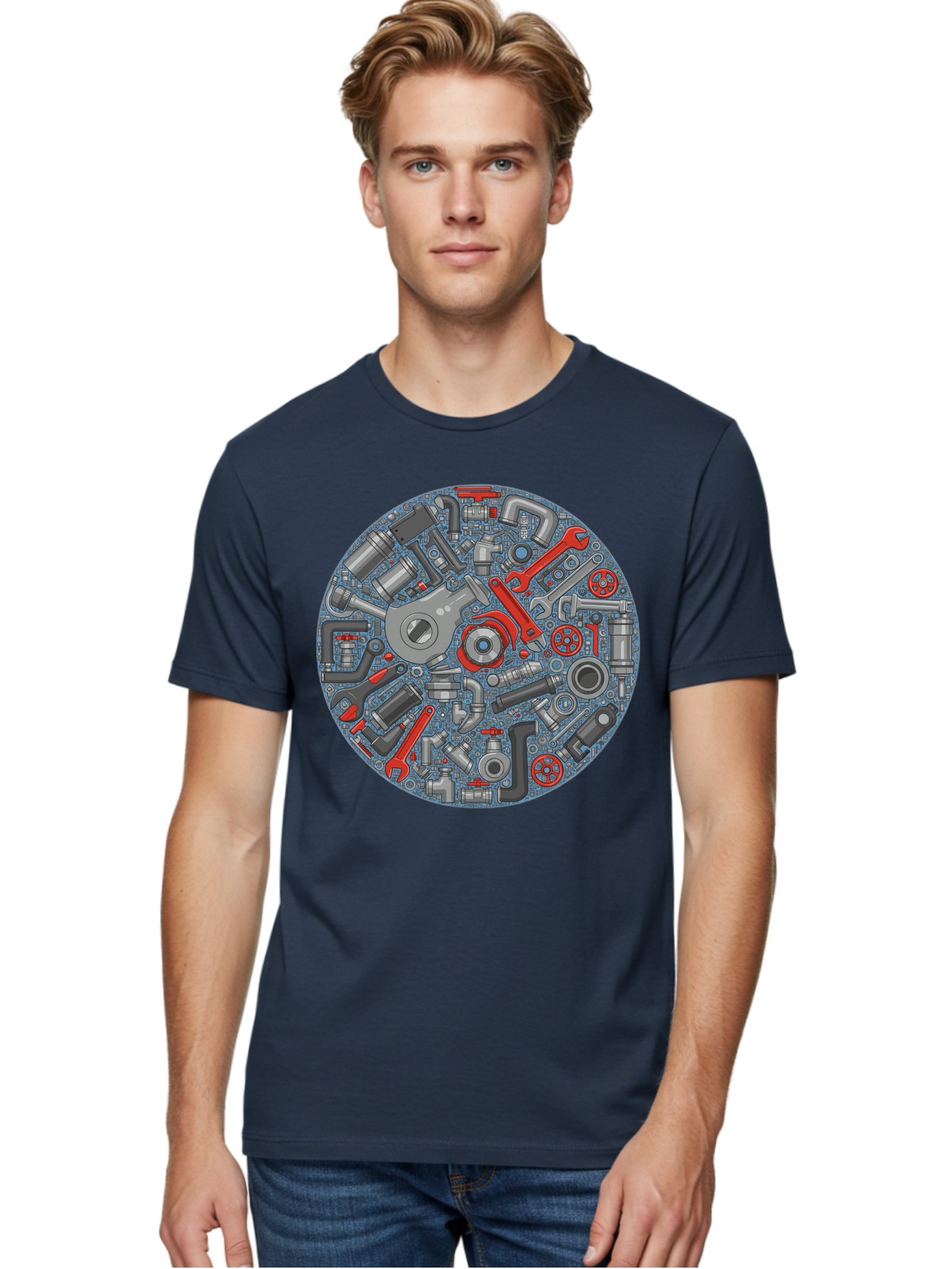 Plumbing-Tools Men'S Graphic Tee, 100% Cotton, Comfortable Casual Summer Wear, Machine Washable, Tools, Pipes, Plumbing, Machinery, Equipment, Wrenches, Spanners, Maintenance, Repair, Diy, Hardware, Industrial Bad446