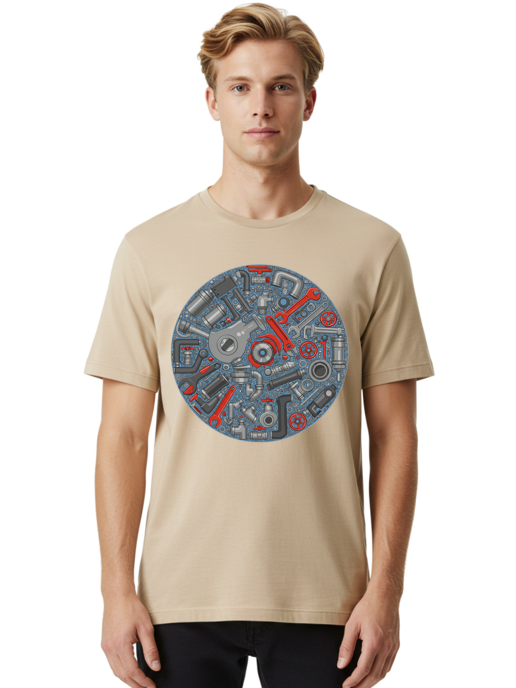 Plumbing-Tools Men'S Graphic Tee, 100% Cotton, Comfortable Casual Summer Wear, Machine Washable, Tools, Pipes, Plumbing, Machinery, Equipment, Wrenches, Spanners, Maintenance, Repair, Diy, Hardware, Industrial Bad446
