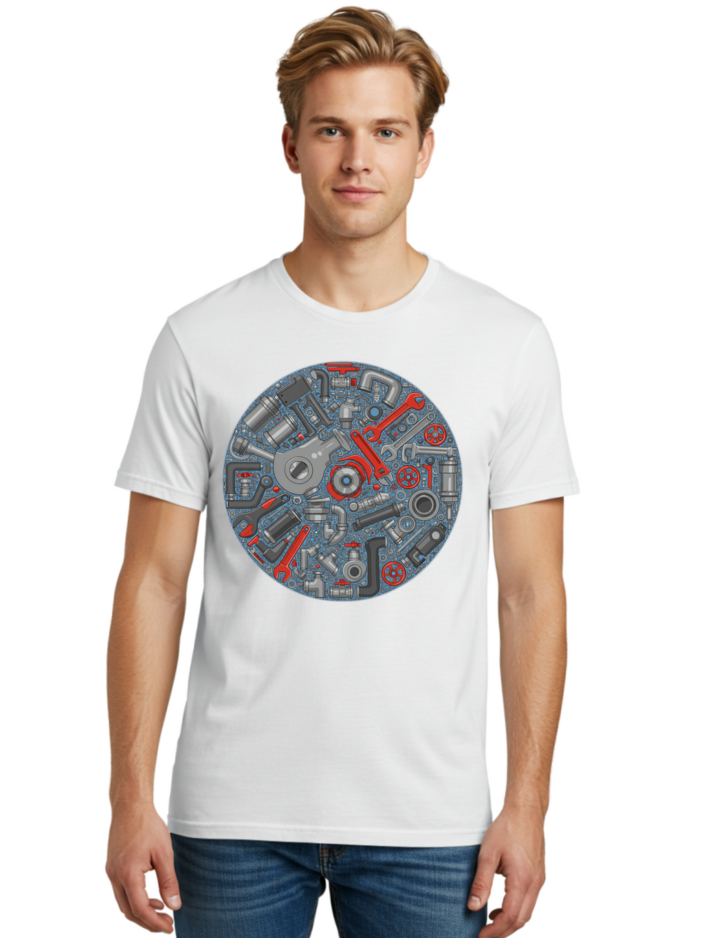 Plumbing-Tools Men'S Graphic Tee, 100% Cotton, Comfortable Casual Summer Wear, Machine Washable, Tools, Pipes, Plumbing, Machinery, Equipment, Wrenches, Spanners, Maintenance, Repair, Diy, Hardware, Industrial Bad446