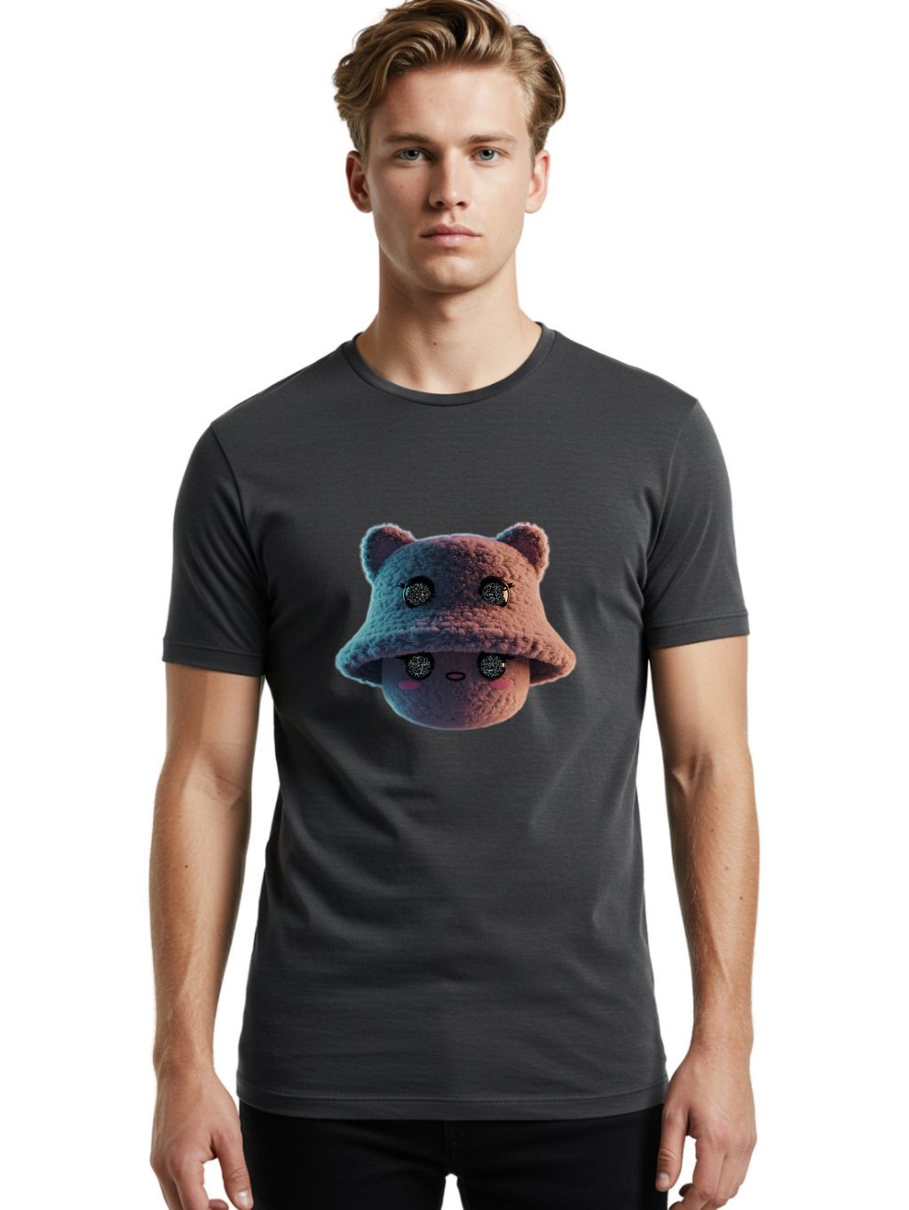 Plushie-Character Men'S Graphic Tee, 100% Cotton, Comfortable Casual Summer Wear, Machine Washable, Cute Cartoon Character, Fluffy Teddy Bear, Kawaii Plush Toy, Round Face, Sparkly Eyes, Soft Pink Cheeks, Funny Expression, Endearing Design, Bad447