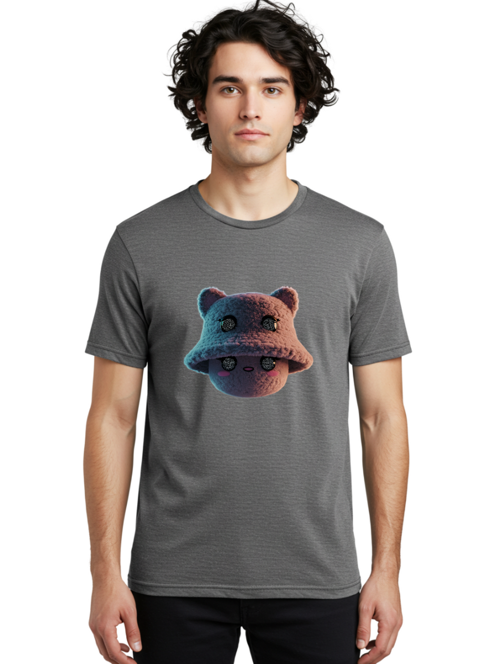 Plushie-Character Men'S Graphic Tee, 100% Cotton, Comfortable Casual Summer Wear, Machine Washable, Cute Cartoon Character, Fluffy Teddy Bear, Kawaii Plush Toy, Round Face, Sparkly Eyes, Soft Pink Cheeks, Funny Expression, Endearing Design, Bad447