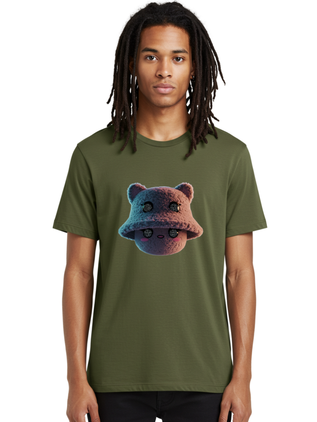 Plushie-Character Men'S Graphic Tee, 100% Cotton, Comfortable Casual Summer Wear, Machine Washable, Cute Cartoon Character, Fluffy Teddy Bear, Kawaii Plush Toy, Round Face, Sparkly Eyes, Soft Pink Cheeks, Funny Expression, Endearing Design, Bad447