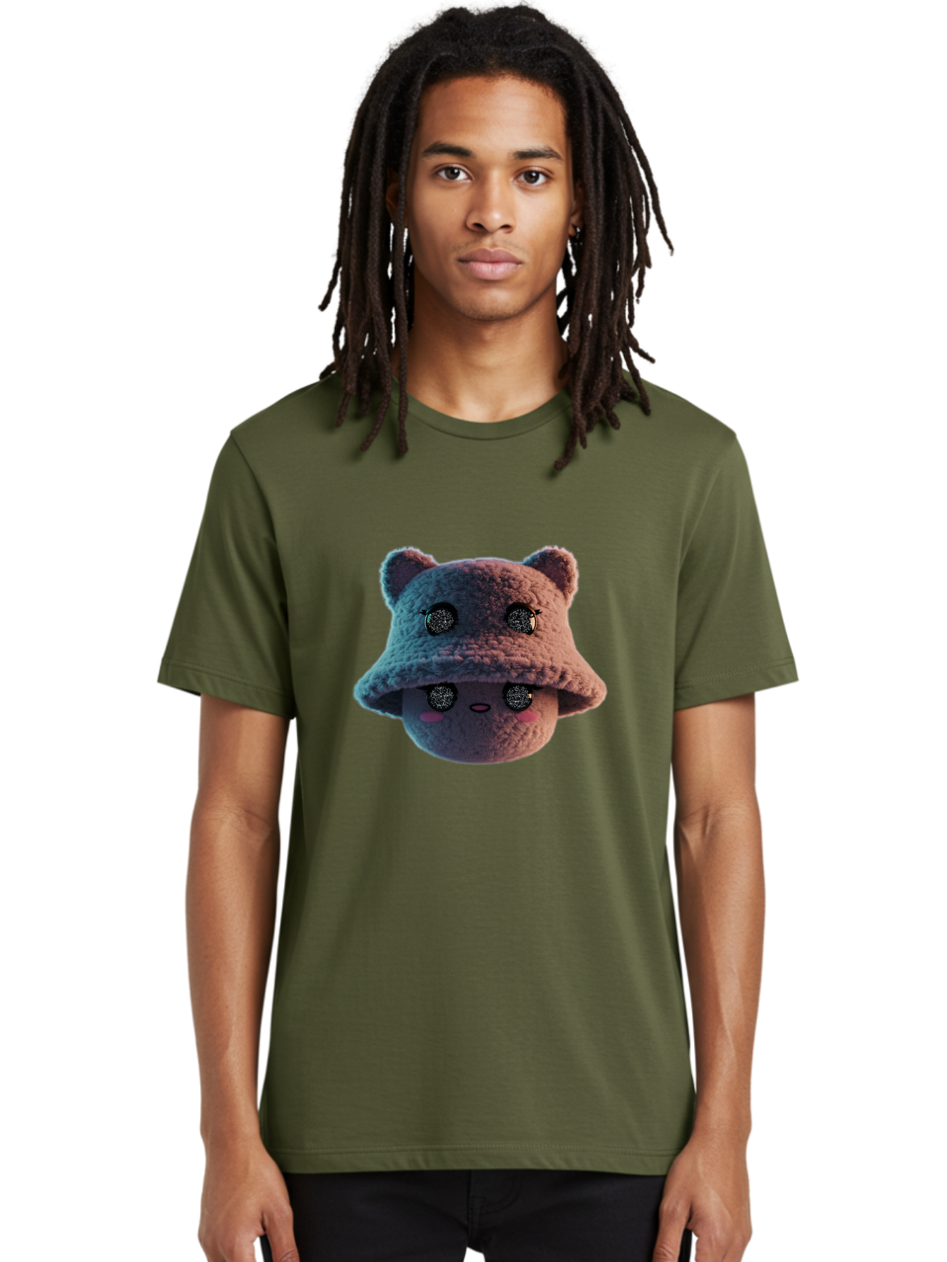 Plushie-Character Men'S Graphic Tee, 100% Cotton, Comfortable Casual Summer Wear, Machine Washable, Cute Cartoon Character, Fluffy Teddy Bear, Kawaii Plush Toy, Round Face, Sparkly Eyes, Soft Pink Cheeks, Funny Expression, Endearing Design, Bad447