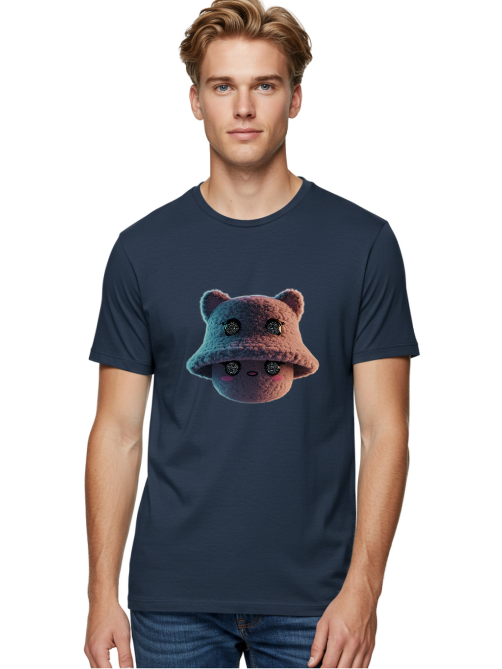 Plushie-Character Men'S Graphic Tee, 100% Cotton, Comfortable Casual Summer Wear, Machine Washable, Cute Cartoon Character, Fluffy Teddy Bear, Kawaii Plush Toy, Round Face, Sparkly Eyes, Soft Pink Cheeks, Funny Expression, Endearing Design, Bad447