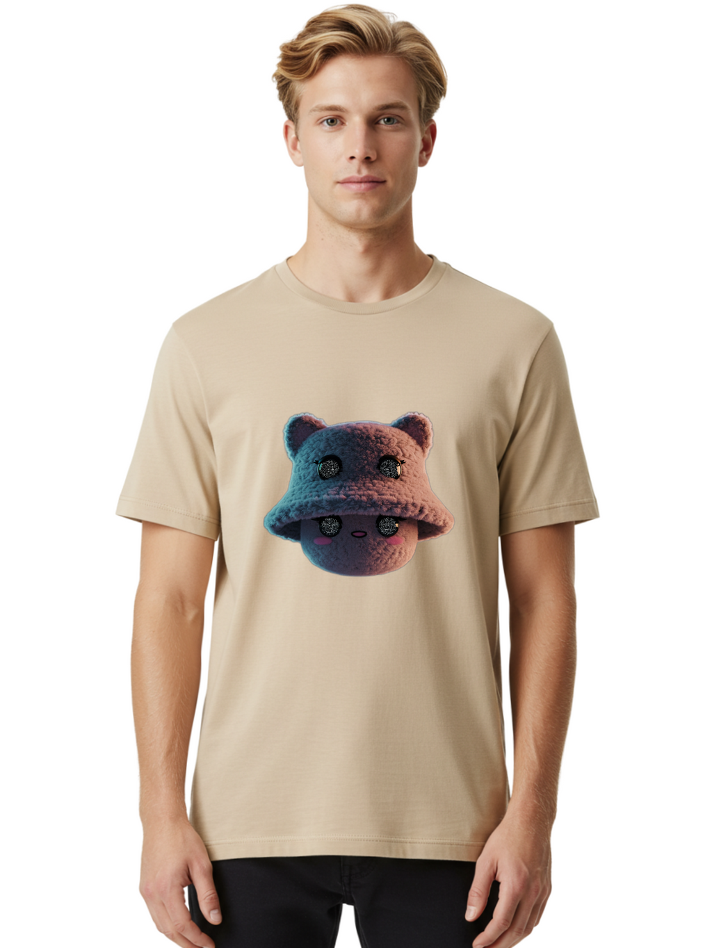 Plushie-Character Men'S Graphic Tee, 100% Cotton, Comfortable Casual Summer Wear, Machine Washable, Cute Cartoon Character, Fluffy Teddy Bear, Kawaii Plush Toy, Round Face, Sparkly Eyes, Soft Pink Cheeks, Funny Expression, Endearing Design, Bad447