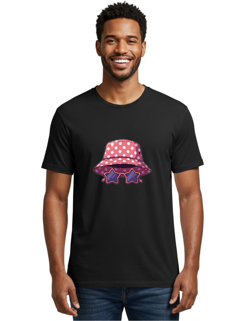 Polka-Dot-Bucket-Hat-Star-Sunglasses Men'S Graphic Tee, 100% Cotton, Comfortable Casual Summer Wear, Machine Washable, Polka Dot Bucket Hat, Star-Shaped Sunglasses, Fashion Accessories, Trendy Summer Style, Playful Design, Bad448