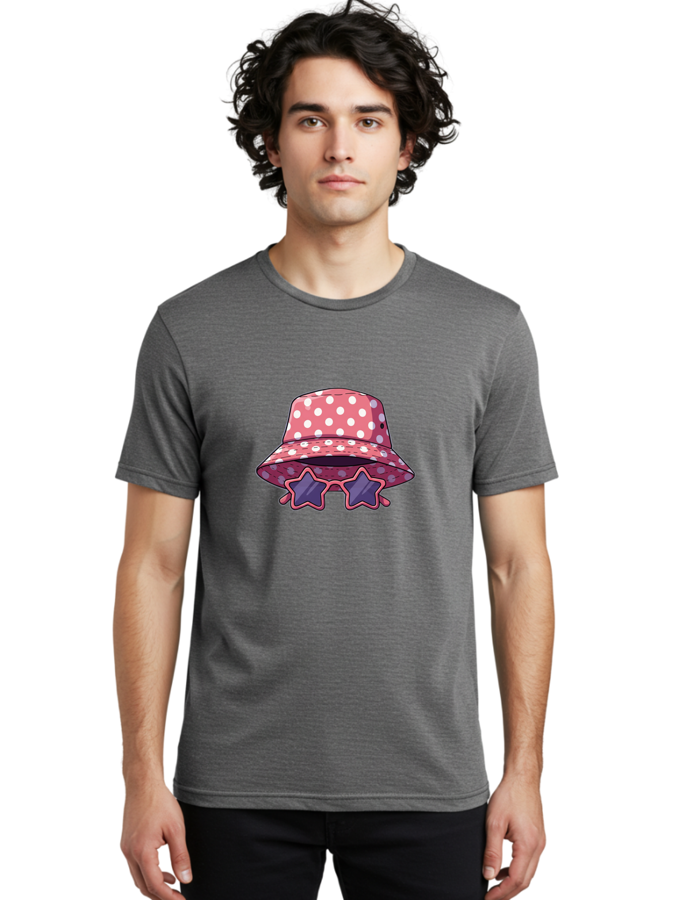 Polka-Dot-Bucket-Hat-Star-Sunglasses Men'S Graphic Tee, 100% Cotton, Comfortable Casual Summer Wear, Machine Washable, Polka Dot Bucket Hat, Star-Shaped Sunglasses, Fashion Accessories, Trendy Summer Style, Playful Design, Bad448