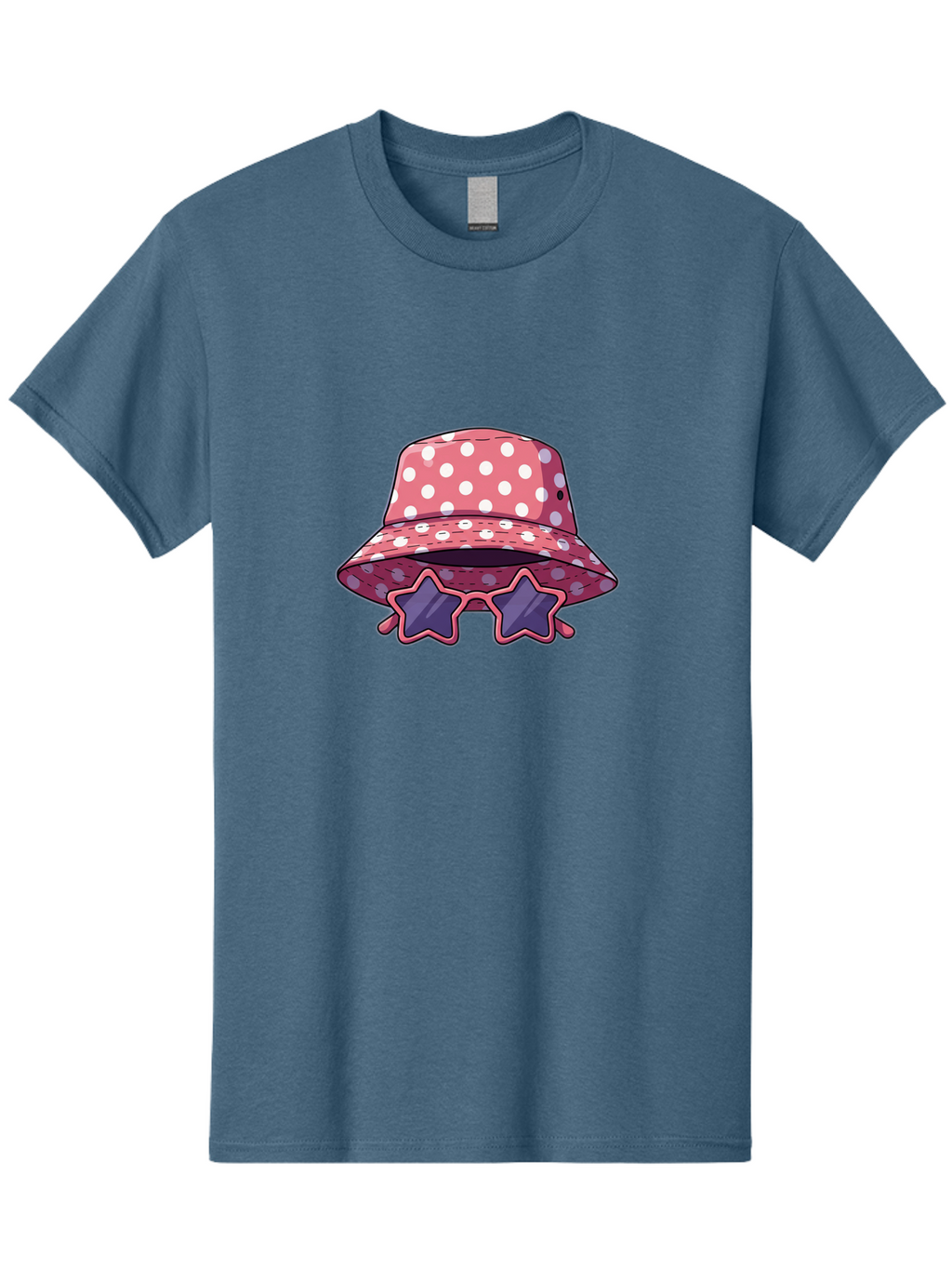 Polka-Dot-Bucket-Hat-Star-Sunglasses Men'S Graphic Tee, 100% Cotton, Comfortable Casual Summer Wear, Machine Washable, Polka Dot Bucket Hat, Star-Shaped Sunglasses, Fashion Accessories, Trendy Summer Style, Playful Design, Bad448