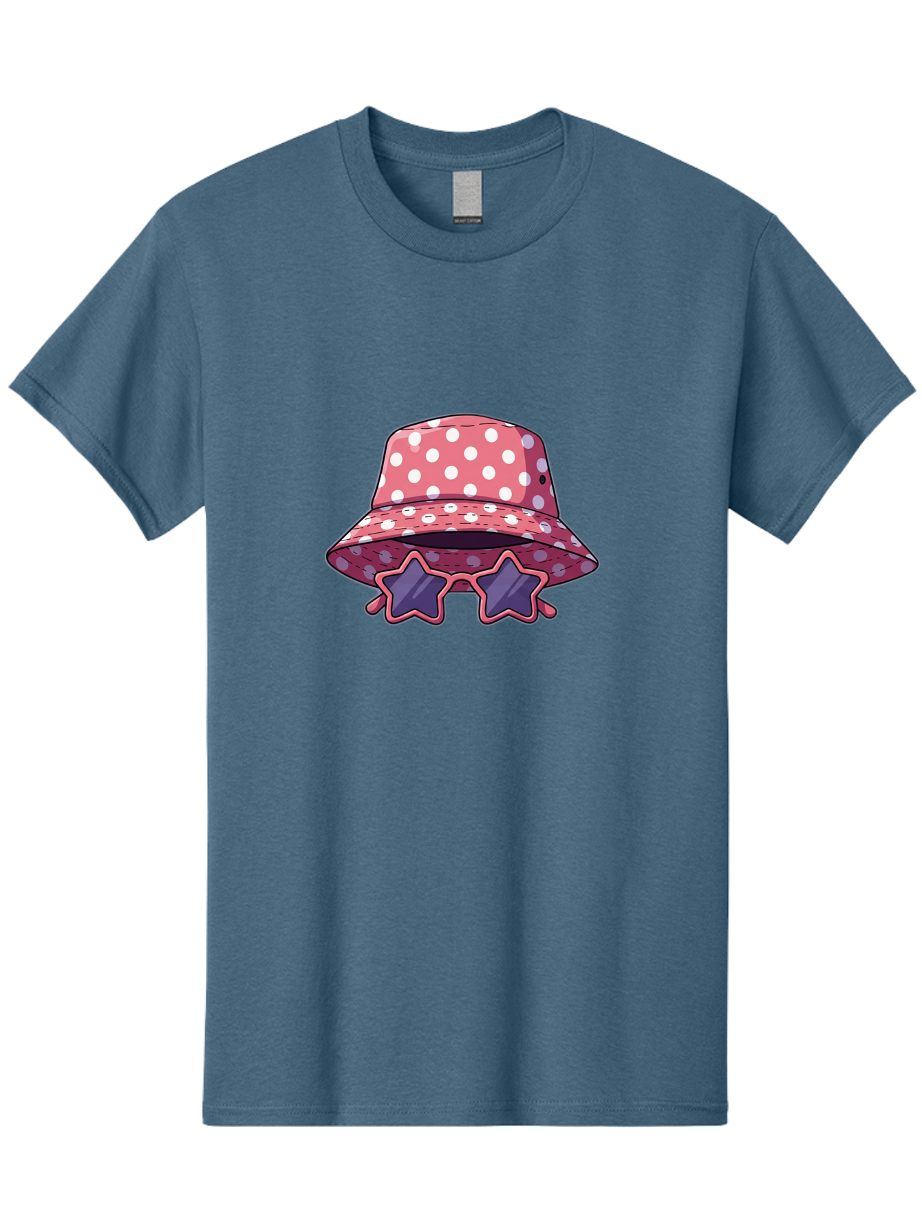 Polka-Dot-Bucket-Hat-Star-Sunglasses Men'S Graphic Tee, 100% Cotton, Comfortable Casual Summer Wear, Machine Washable, Polka Dot Bucket Hat, Star-Shaped Sunglasses, Fashion Accessories, Trendy Summer Style, Playful Design, Bad448