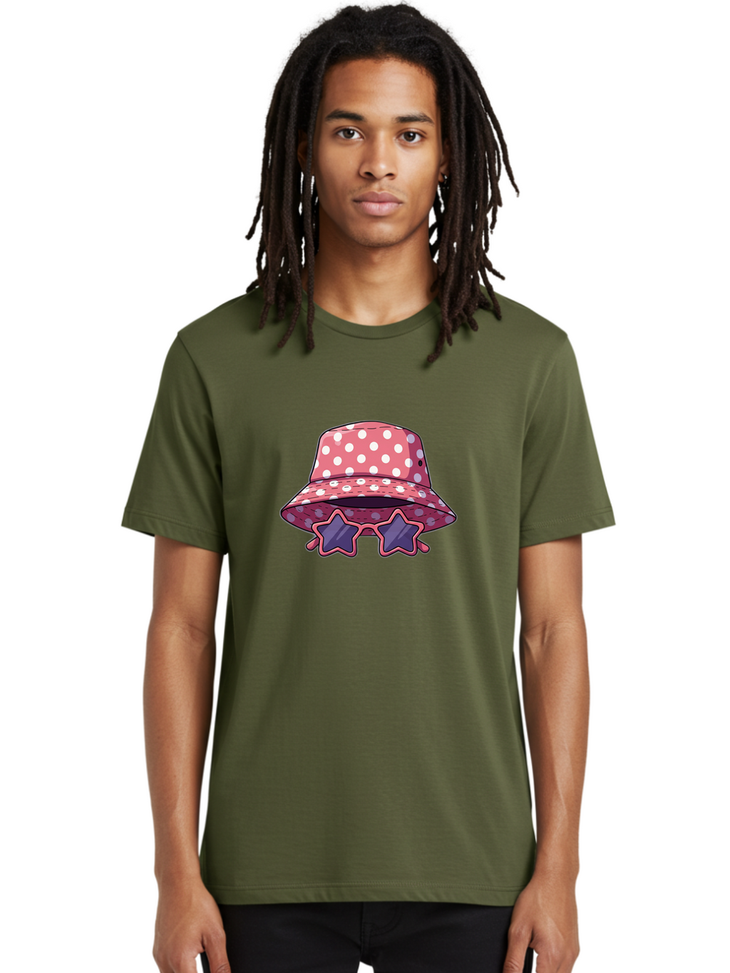 Polka-Dot-Bucket-Hat-Star-Sunglasses Men'S Graphic Tee, 100% Cotton, Comfortable Casual Summer Wear, Machine Washable, Polka Dot Bucket Hat, Star-Shaped Sunglasses, Fashion Accessories, Trendy Summer Style, Playful Design, Bad448