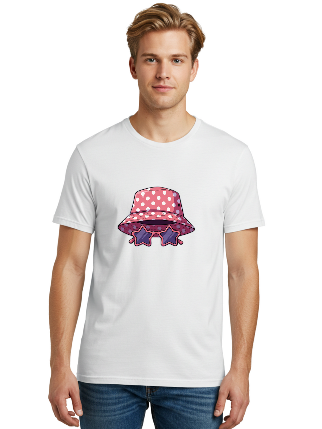 Polka-Dot-Bucket-Hat-Star-Sunglasses Men'S Graphic Tee, 100% Cotton, Comfortable Casual Summer Wear, Machine Washable, Polka Dot Bucket Hat, Star-Shaped Sunglasses, Fashion Accessories, Trendy Summer Style, Playful Design, Bad448