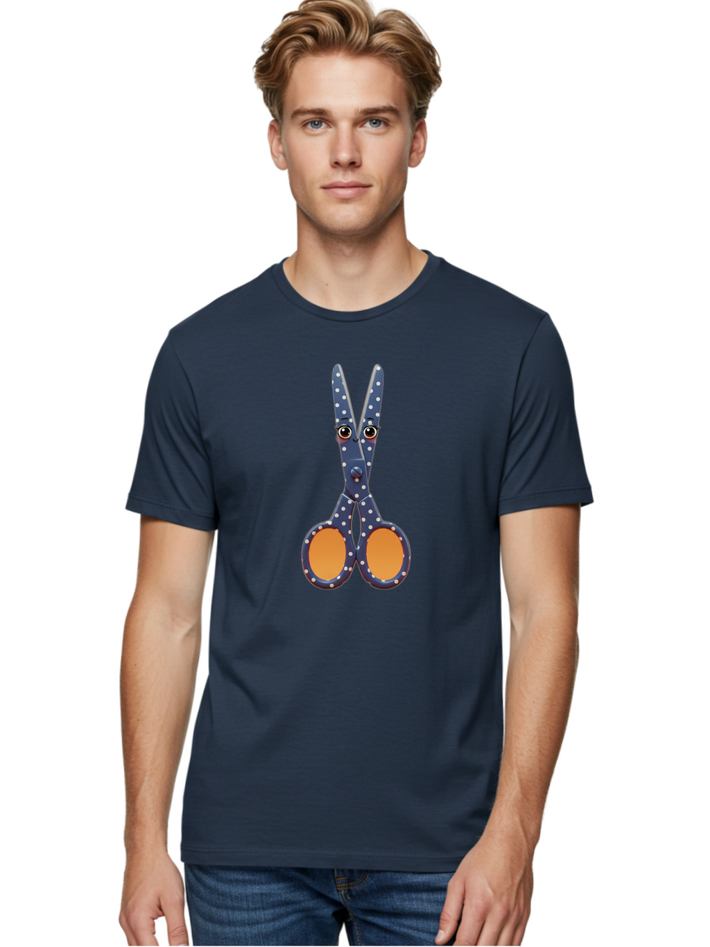 Polka-Dot-Scissors Men'S Graphic Tee, 100% Cotton, Comfortable Casual Summer Wear, Machine Washable, Scissors With Eyes, Cartoon Character, Craft Supplies, Office Tools, Playful Design, Creative Accessories, Fun Stationery, Quirky Objects, Bad449