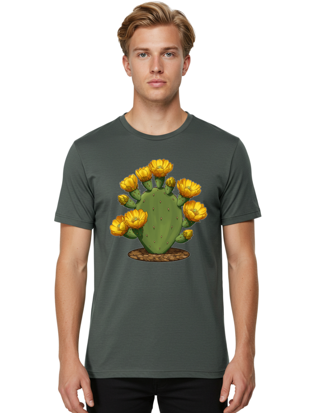 Prickly-Pear-Cactus Men'S Graphic Tee, 100% Cotton, Comfortable Casual Summer Wear, Machine Washable, Prickly Pear Cactus, Yellow Flowers, Desert Plant, Cactus Flowers, Vibrant Yellow, Succulent, Desert Garden, Floral Arrangement, Pears, Bad454