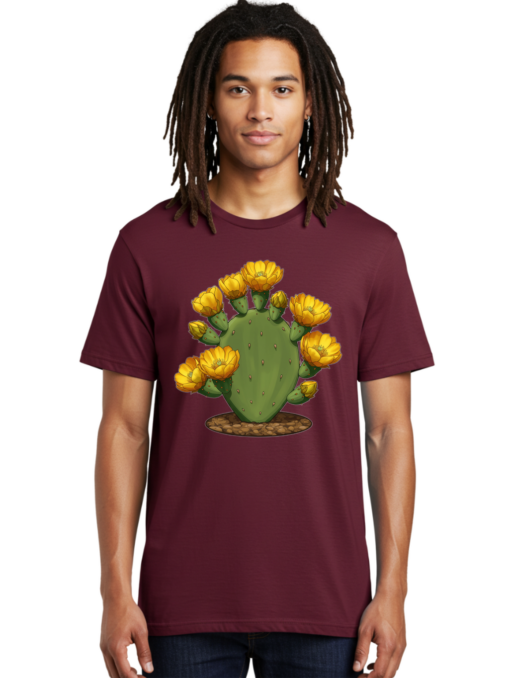 Prickly-Pear-Cactus Men'S Graphic Tee, 100% Cotton, Comfortable Casual Summer Wear, Machine Washable, Prickly Pear Cactus, Yellow Flowers, Desert Plant, Cactus Flowers, Vibrant Yellow, Succulent, Desert Garden, Floral Arrangement, Pears, Bad454