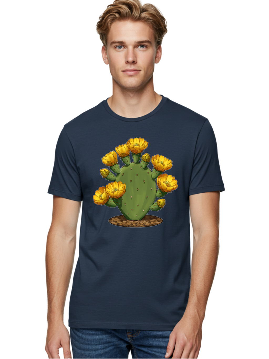 Prickly-Pear-Cactus Men'S Graphic Tee, 100% Cotton, Comfortable Casual Summer Wear, Machine Washable, Prickly Pear Cactus, Yellow Flowers, Desert Plant, Cactus Flowers, Vibrant Yellow, Succulent, Desert Garden, Floral Arrangement, Pears, Bad454