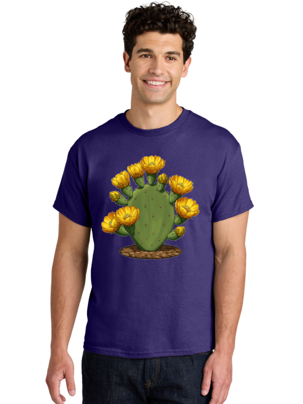 Prickly-Pear-Cactus Men'S Graphic Tee, 100% Cotton, Comfortable Casual Summer Wear, Machine Washable, Prickly Pear Cactus, Yellow Flowers, Desert Plant, Cactus Flowers, Vibrant Yellow, Succulent, Desert Garden, Floral Arrangement, Pears, Bad454